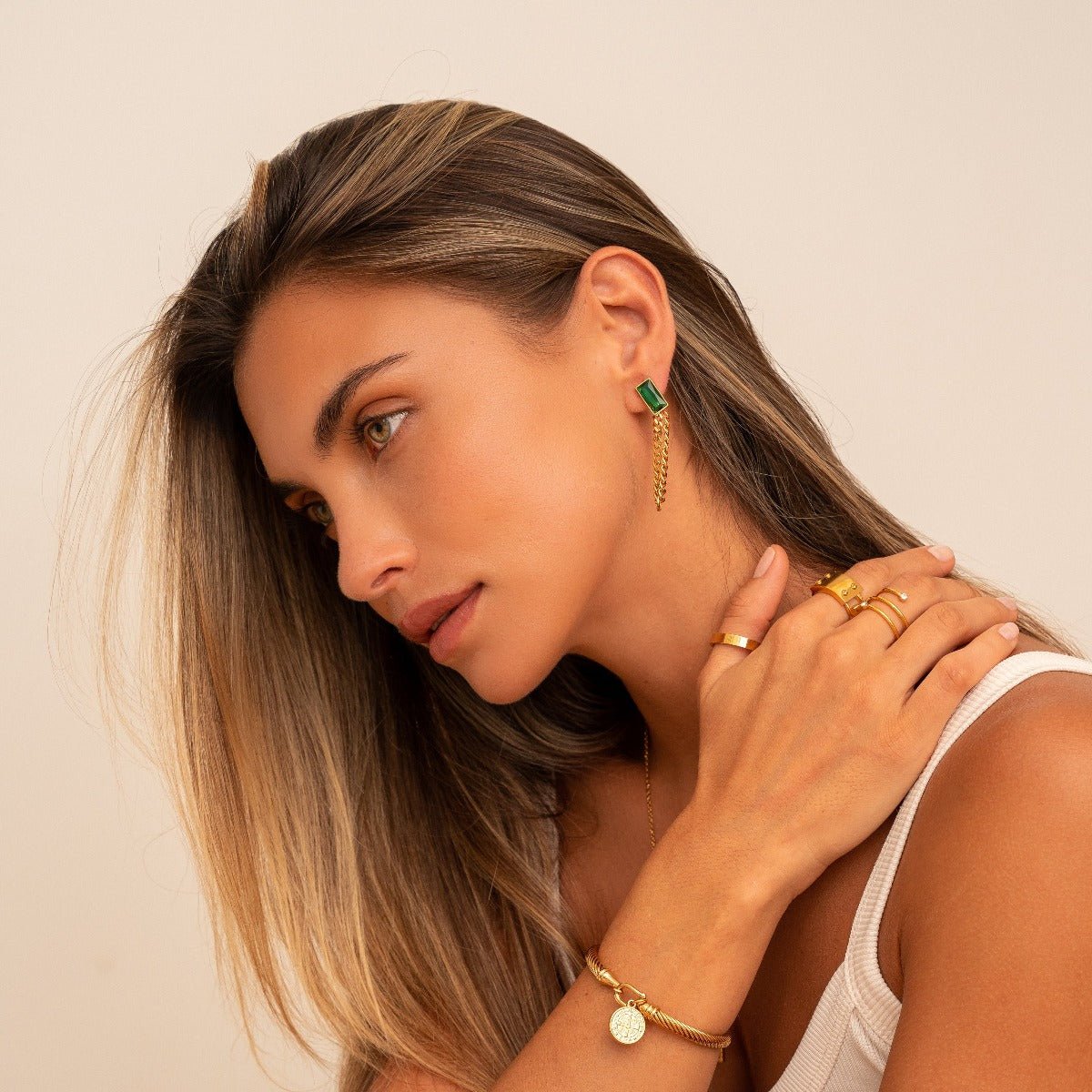 Brinco Corrente Elisabeth Zircônia Esmeralda Banhado em Ouro 18K